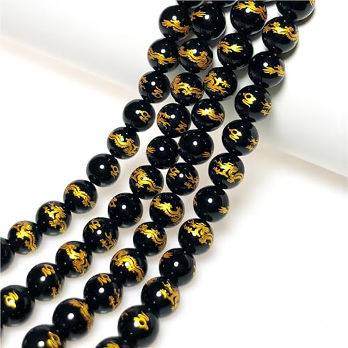 MJDCB Natural Stone Beads 8mm 43pcs Round Black Onyx Carved Dragon Loose Gemstone Bead Charms for Jewelry Making Bracelet Necklace Earring Pendant - color: Black Onyx Carved Dragon, size: 8mm