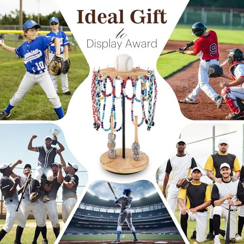 Pinzoveco Baseball Drip Necklace Organizer Holder,Rotating Baseball Display Stand with 14 Hooks, Championship Ring Display Holder, 360° Drip Necklace Championship Ring Holder Baseball Gifts,Brown - color: Brown