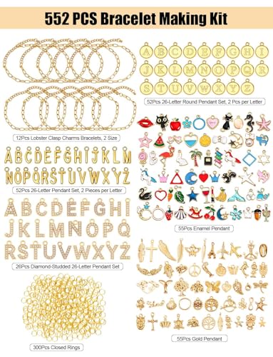 ZMLTLMG 552Pcs Gold Charm Bracelet Making Kit, Premium Paperclip Chain Jewelry Making Supplies with Enamel Charms, Letter Beads & Jump Rings, DIY Crafts Gift Set for Women Girls Adults