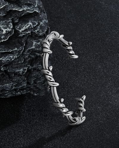 Stainless Steel Cuff Bracelet,Retro Gothic Punk Biker Cool Open Adjustable Cuff Bangle Bracelets Jewelry for Men Silver - style: Barbed Wire