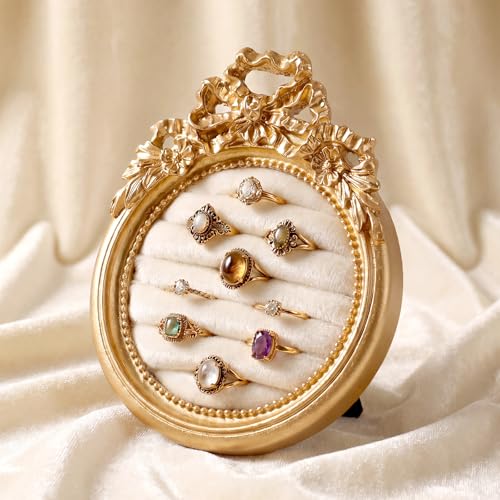 Liliaafar Vintage Ring Holder Mini Bow Gold Ring Wedding Display Suede Jewelry Box Stand Frame Earring Tray Anniversary Engagement Baroque Organizer Photograph Prop for Women Birthday Christmas Gift - color: Gold, style: Mini Bow
