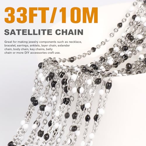 33 Feet Stainless Steel Enamel Chains Bulk, 2mm 304 Stainless Steel White Black Enamel Beaded Cable Link Chain Roll Spool for Jewelry Making - color: Stainless Steel White Black Beads