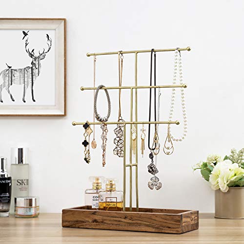 MyGift Handmade 3-Tier Brass Metal Jewelry Tree Organizer Stand and Ring Tray with Solid Acacia Wood Base, T Bar Necklace and Bracelet Display Rack, Handcrafted in India