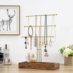 MyGift Handmade 3-Tier Brass Metal Jewelry Tree Organizer Stand and Ring Tray with Solid Acacia Wood Base, T Bar Necklace and Bracelet Display Rack, Handcrafted in India