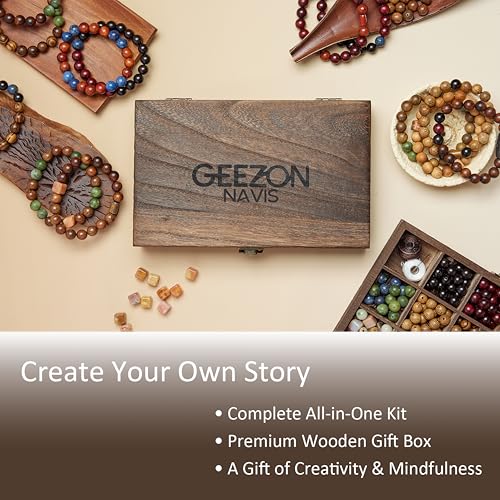 Geezon Navis Bracelet Making Kit - 10mm Natural Wooden Beads with Letters & Stone Beads - 296pcs in 16 Colors - DIY Jewelry Making Starter Kit Adult Men Women Birthday Mothers Day Gift Craft