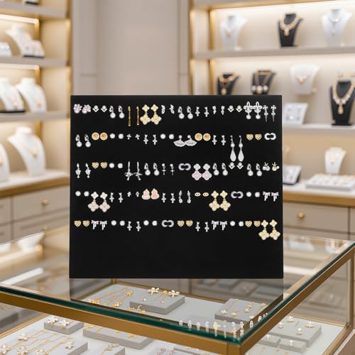 KUKUVR L-Shaped Velvet Jewelry Display Stand, Earring Studs Dangle Holder Case for Retail Shop, Home Vanity, Craft Show and Photography Props (Black 120 Holes)