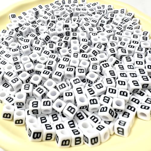 500Pcs Square Letter Beads B 6X6mm Single White Alphabet Beads for Charms Bracelets Making - color: Square - B
