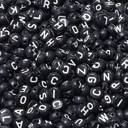 LAIDANLA 1500PCS Acrylic Letter Beads Alphabet White Letters Black Round Bead 7×4mm for Jewelry Bracelets Necklaces Key Chains Making - color: J-White Letter Black Beads
