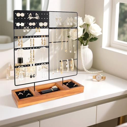 Jewelry Holder Organizer Stand, 4 Tier Earring Organizer with 84 Holes Ear Stud, Jewelry Display with Earring Necklace Bracelet Holder, Jewelry Organizer Holder with Wood Basic stand (Black+Brown) - color: Black+Brown