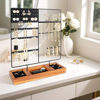 Jewelry Holder Organizer Stand, 4 Tier Earring Organizer with 84 Holes Ear Stud, Jewelry Display with Earring Necklace Bracelet Holder, Jewelry Organizer Holder with Wood Basic stand (Black+Brown) - color: Black+Brown
