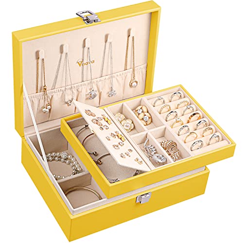 Voova Jewelry Box Organizer for Women Girls, 2 Layer Large Men Jewelry Storage Case, PU Leather Display Jewellery Holder with Removable Tray for Necklace Earrings Rings Bracelets, Vintage Gift, Yellow - color: Yellow