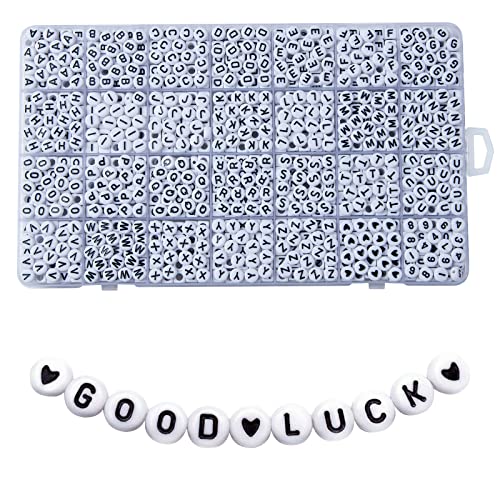 1400pcs Letter Beads, 4x7 mm Acrylic Alphabet Beads, Beads for Jewelry and Bracelet Making, in 28 Grid Box (White and Black) - color: White Beads Black Letter