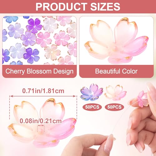 100pcs Cherry Blossom Beads, 5-Petal Gradient Acrylic Flower Beads, Mini Spacer Hair Accessories Halloween Christmas for Bracelets Earring Jewelry Making- Blue & Red - color: Blue & Red
