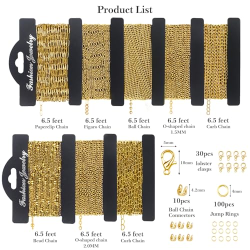 18k Gold Necklace Chains for Jewelry Making, 52.5 Feet 8 Rolls Bracelet Chains for DIY,6.5 Feet Each Style, Gold Plated Chain with Jump Rings/Lobster Clasps/Connectors - color: 18k Gold-52.5 Feet 8 Rolls
