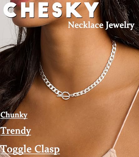 CHESKY 14K Gold Plated Chunky Necklace for Women, Trendy Paperclip Chain Necklace Thick Cross Heart Pendant Necklace Layered Herringbone Cuban Link Chain Toggle Necklaces Non Tarnish Jewelry - color: silver, style: cuban
