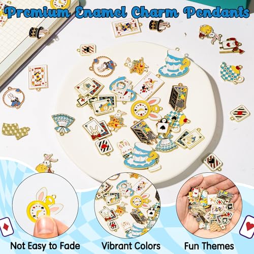 38Pcs Wonderland Gold Charms Pendants - Fairy Tales Tea Rabbit Clock Poker Enamel Charms Cute Earring Necklace Bracelet Keychains Pendant for Jewelry Making DIY Crafts Birthday Tea Party Gifts