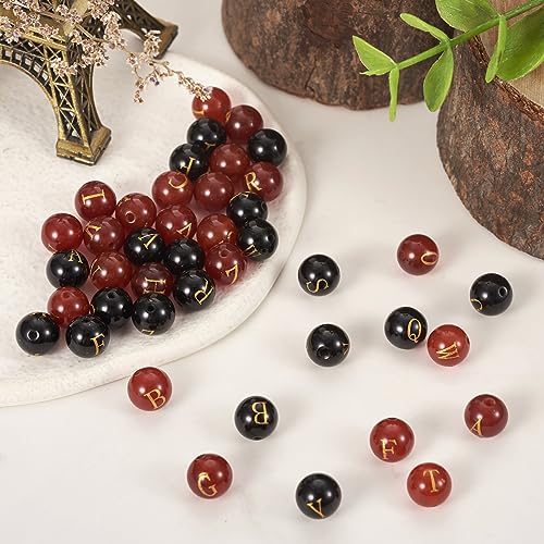 Cheriswelry 52Pcs 8mm Natural Gemstone Letter Beads Black Red Agate Alphabet Spacer Beads for DIY Crafts Necklace Bracelet Jewelry Making - color: Agate with Letter-Mixed Color