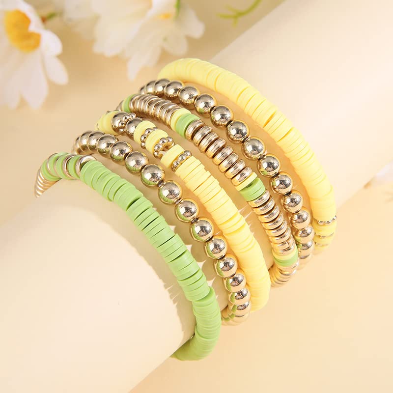 Pingyongchang Heishi Gold Beaded Bracelets Set for Women Men Bohemian Polymer Clay Colorful Surfer Vinyl Disc Stretch Layering Stackable Friendship Boho Bracelet Summer Beach Jewelry Gifts - color: Yellow