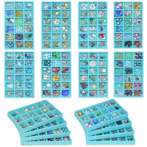 12 Pack Stackable Velvet Jewelry Organizer Trays for Drawers Earring Organizer Inserts Necklace Storage Ring Bracelet Display Case, 216 Grids, Blue - color: Blue