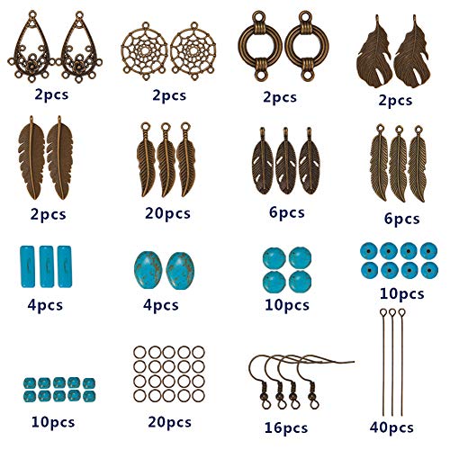 SUNNYCLUE 1 Box DIY 8 Pairs Bohemian Feather Dream Catcher Earring Making Kit Antique Bronze Feather Charm Connector, Turquoise Gemstone Beads, Earring Hooks Jewelry Supplies Beginners, Instruction - color: Chandelier Bohemian Style B