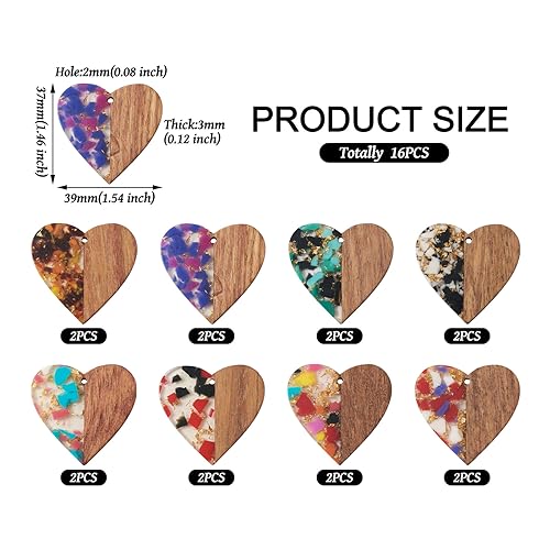 FASHEWELRY 16pc Heart Resin Wood Earrings & Charms - Gold Foil Wooden Earring Blanks & Findings for Jewelry Making - color: Heart with Gold Foil