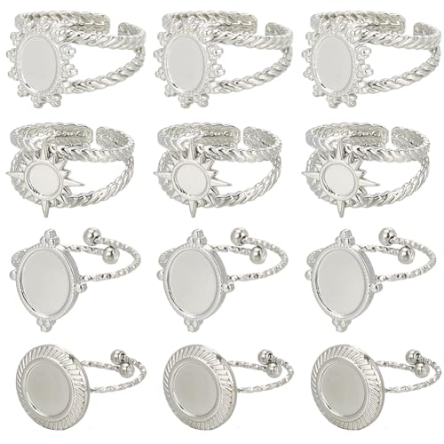 SUNNYCLUE 1 Box 16Pcs 4 Style Stainless Steel Ring Bezels Blank Cabochon Rings Silver Metal Adjustable Open Finger Ring Base Tray Component with Round Pad for Jewelry Making Rings DIY Crafts Women - style: Ring 1