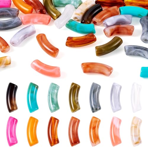 Spritewelry 30 pcs Acrylic Curved Tube Beads Two Tone Chunky Bangle Bamboo Tube Beads Imitation Gemstone Curved Bracelet Beads for Jewelry Making DIY Crafts - color: Orange-Opaque