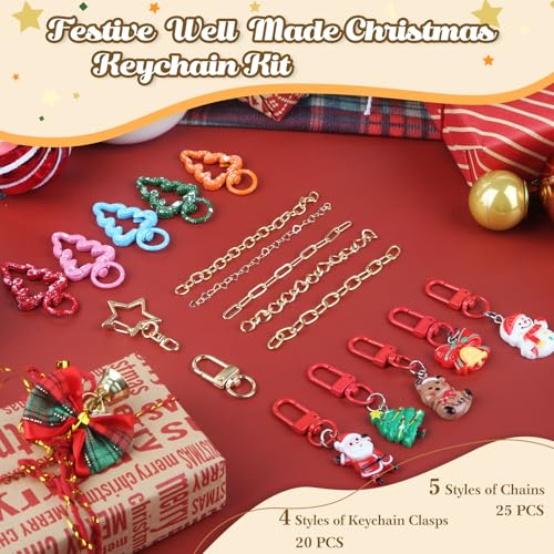 Ecoofor 251 Pcs Christmas Keychain Making Kit for Adults — Includes 20 Keychain Clips, 25 Extender Chains, 81 Charms, Beading Accessories, Jewelry Pliers — DIY Bag Charms & Jewelry Craft Kit - color: Christmas Joy Set
