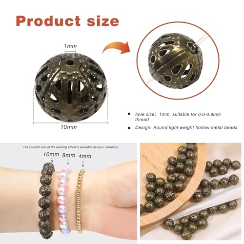 TOAOB 100pcs 10mm Antique Bronze Filigree Hollow Ball Beads Round Metal Loose Spacer Beads for DIY Crafts Bracelets Necklaces Earrings Jewelry Making - color: Antique bronze, size: 10mm