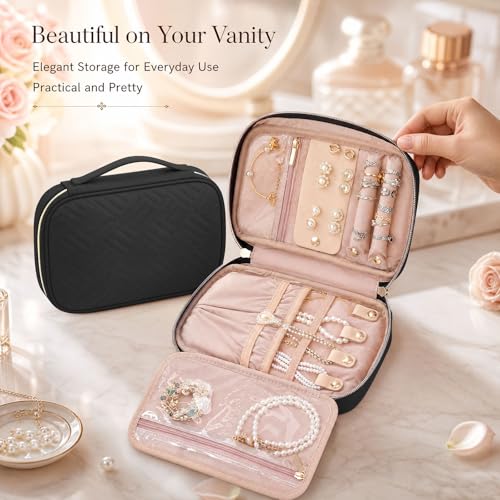 Jewelry Travel Case Organizer for Necklaces, Earrings, Rings, Bracelet, Watch, Soft Sided, Black - color: Black