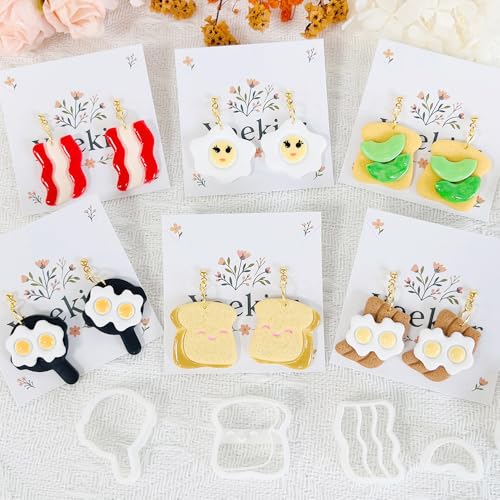Xaekicr 8Pcs Breakfast Theme Polymer Clay Cutters Set – Toast, Bacon, Egg Shapes | Fun Clay Earring Cutters | Polymer Clay Molds for Jewelry Making | Clay Tools for DIY Crafts - color: S color