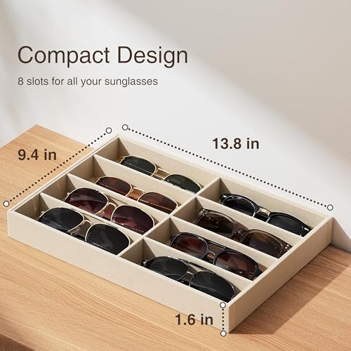 pickpiff Drawer Sunglass Organizer & Display Tray: 1 Pcs 8 Grids Velvet Scratch-Free Eyeglasses Case (13.8x9.4x1.6inch) - Soft Beige Glasses Storage Holder Box for Men & Women - size: 8 grids