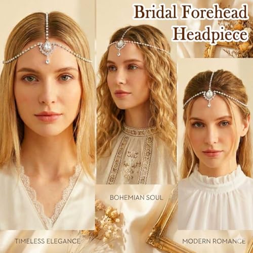 Brishow Crystal Head Chain Jewelry Gold Rhinestone Hair Chain Boho Bridal Headpiece for Women - color: Silver