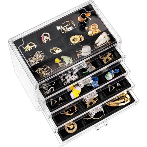 ProCase Earring Holder Organizer Jewelry Box with 5 Drawers, Acrylic Clear Earring Case with Adjustable Velvet Trays for Women - Black, 5 Layers - color: Black, size: 5 Layers, Standard, Regular