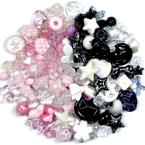 230-250pcs Assorted Acrylic Beads for Bracelet Making Kit, 200g Cute Beads for Keychain Making, Kandi Charms, Kawaii Jewelry Making, DIY Crafts (Black&Pink) - color: Black&Pink