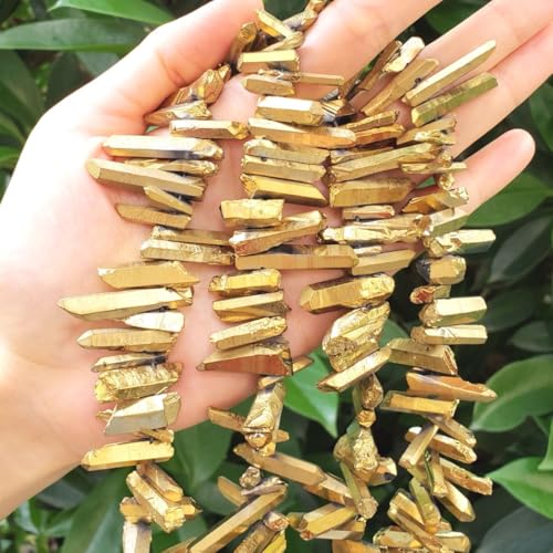 Adabele 30 Inch Natural Raw Healing Crystal Quartz Gemstone Loose Beads Small Drilled Point Gold Titanium Coated Chakra Gem Stone Drop Stick GA3 - color: Gold, size: Small Size (30 Inch/2 Strands)