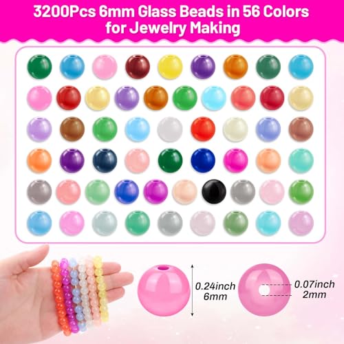 PAXCOO 3200pcs 6mm Glass Beads for Jewelry Making, 56 Colors Glass Beads for Bracelet Making, Beaded Bracelets Kit for Bracelet Earring Necklace Jewelry Making Supplies