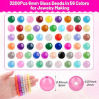 PAXCOO 3200pcs 6mm Glass Beads for Jewelry Making, 56 Colors Glass Beads for Bracelet Making, Beaded Bracelets Kit for Bracelet Earring Necklace Jewelry Making Supplies