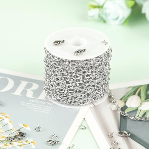 KYUNHOO 16.4 Feet Stainless Steel Chain Bulk Dainty Embossed Oval Cable Link Chain Roll Silver Jewelry Making Chains for Women Men DIY with Jump Rings Lobster Clasps - color: Silver Lip