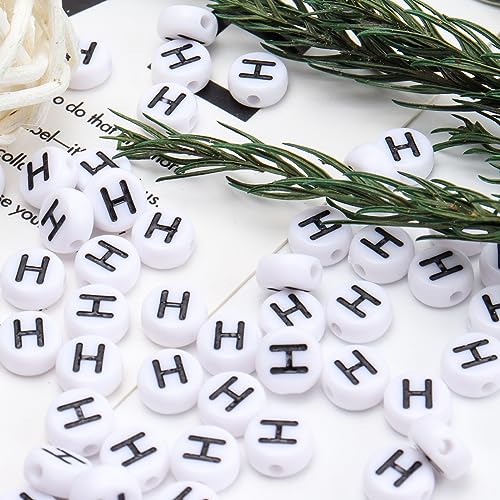 100Pcs Letter Beads 4x7mm White Round Acrylic Alphabet Beads Letter H Beads for Jewelry Making DIY Bracelets Necklaces Key Chains - color: H 100Pcs