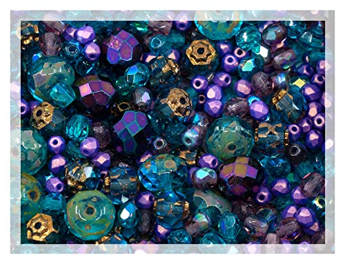 0.88oz of Blue Purple Mix of Czech Faceted Fire Polished Beads (Round, Catherdal, Rondelle) - color: Mix 04 Blue, size: 25 g