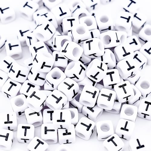 500Pcs White Square Letter Beads T 6X6mm Individual Cube Alphabet Beads for Friendship Bracelets Making - color: Square - T