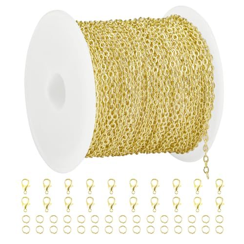 Crisjanggo 32.8 Feet 14K Gold Plated Brass Chains for Jewelry Making Men Women DIY Craft Necklace Bracelet Chains Roll Bulk with Lobster Clasps and Jump Rings - color: Rolo Gold