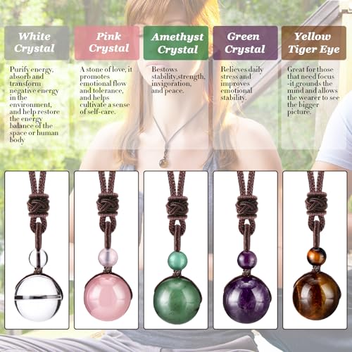 Yaomiao 5 Pcs Tiger Eye Chakra Round Bead Pendant Necklace Natural Quartz Amethyst Obsidian Turquoise Healing Crystal Pendant with Adjustable Nylon Rope - color: Yellow Amber, Pink, Purple, Green, White