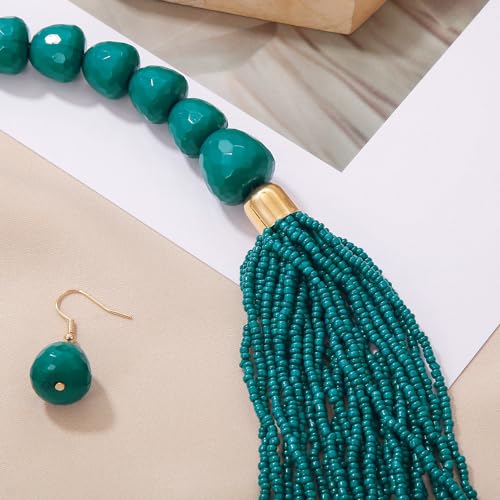 Bocar Necklace for Women, Multi Layer Statement Necklace, Long Chain Chunky Bib Seed Beads Necklace, Necklace Earring Set for Women Gift (NK-10693) - color: Teal-set