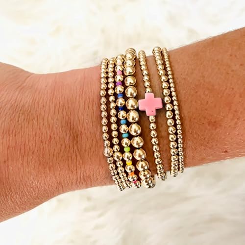 14K Gold Beaded Cross Beaded Bracelet Stack Set for Women,7PCS Bohemian Colorful Beads Ball Stretch Stackable Bracelets Trendy Holiday Birthday Gift - color: Pink