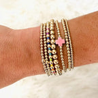 14K Gold Beaded Cross Beaded Bracelet Stack Set for Women,7PCS Bohemian Colorful Beads Ball Stretch Stackable Bracelets Trendy Holiday Birthday Gift - color: Pink