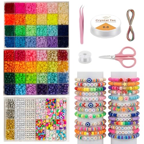 Jewelry Making Bead Kit, 6000 PCS Polymer Clay & Pony Beads, 24 Colors, 4 Letter Bead Styles, More Charms, Organizer Box, Bracelet Kit, Gift for Friends
