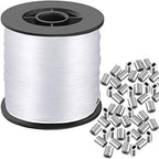 Clear Invisible Hanging Wire 0.9mm Up to 60lbs, 656Feet(200M) Strong Nylon Thread for Beading Sewing Ornaments with 60Pcs Aluminum Crimping Sleeves, Hanging Kit for Picture Frame, String Light