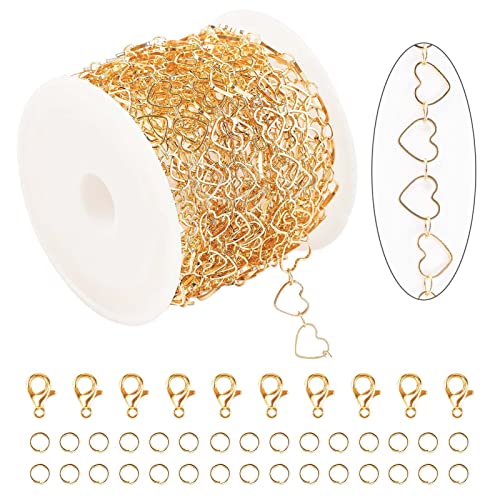 KYUNHOO 5M KC Gold Plated Jewelry Making Chains Link Heart Chains Bulk on Spool Jewelry Supplies Findings Chain Roll with Jump Rings and Lobster Claps - color: Heart Gold